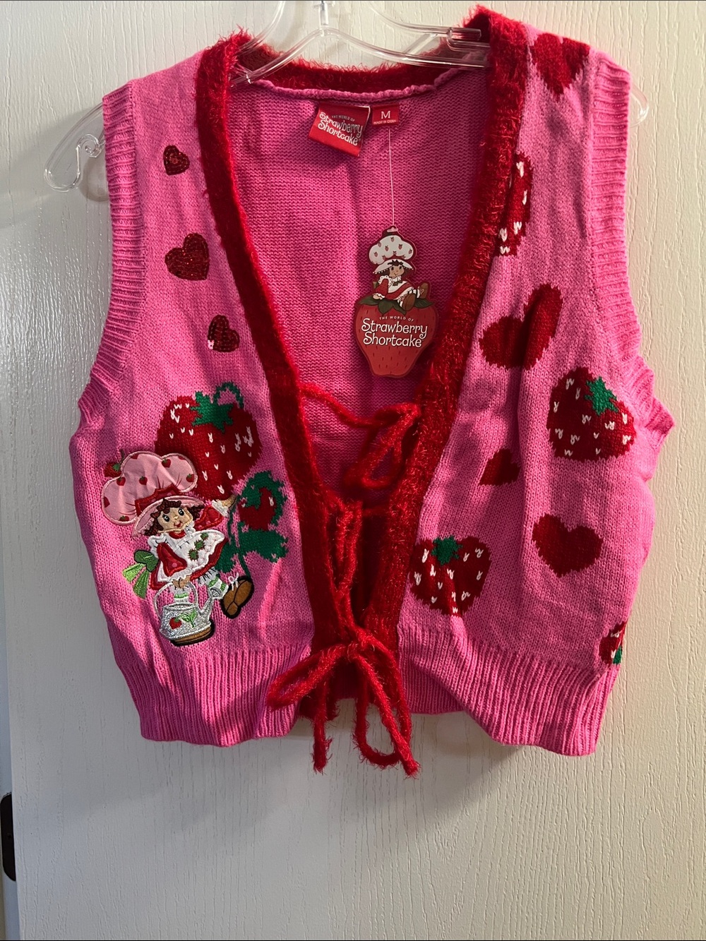 Strawberry Shortcake Pink Knit Vest with Red Trim